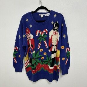 VTG Raphael Blue Hand Knitted ChristmasSweater Toy Soldiers Colorful Novelty LRG